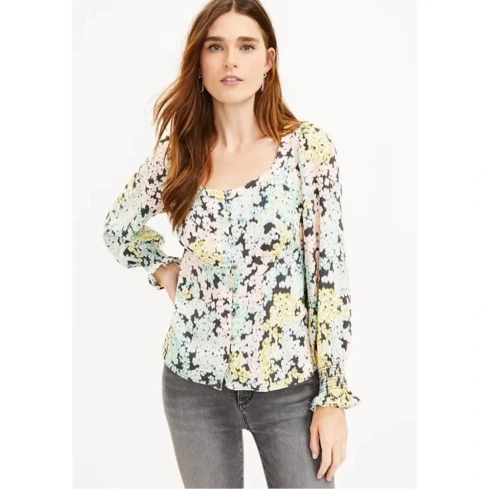 Loft Women S Top Garden‎ Floral Long Puff Sleeve Pesant Empire Cottage Blouse